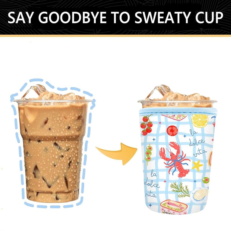 YR Reusable Neoprene Insulator Sleeve for Iced Coffee Cups, 3 Pack Coffee Coolies sleeves for Iced & Hot Drinks, Cold Beverage Cooler Compatible with Starbucks Coffee and More (Lobster) - Image 4